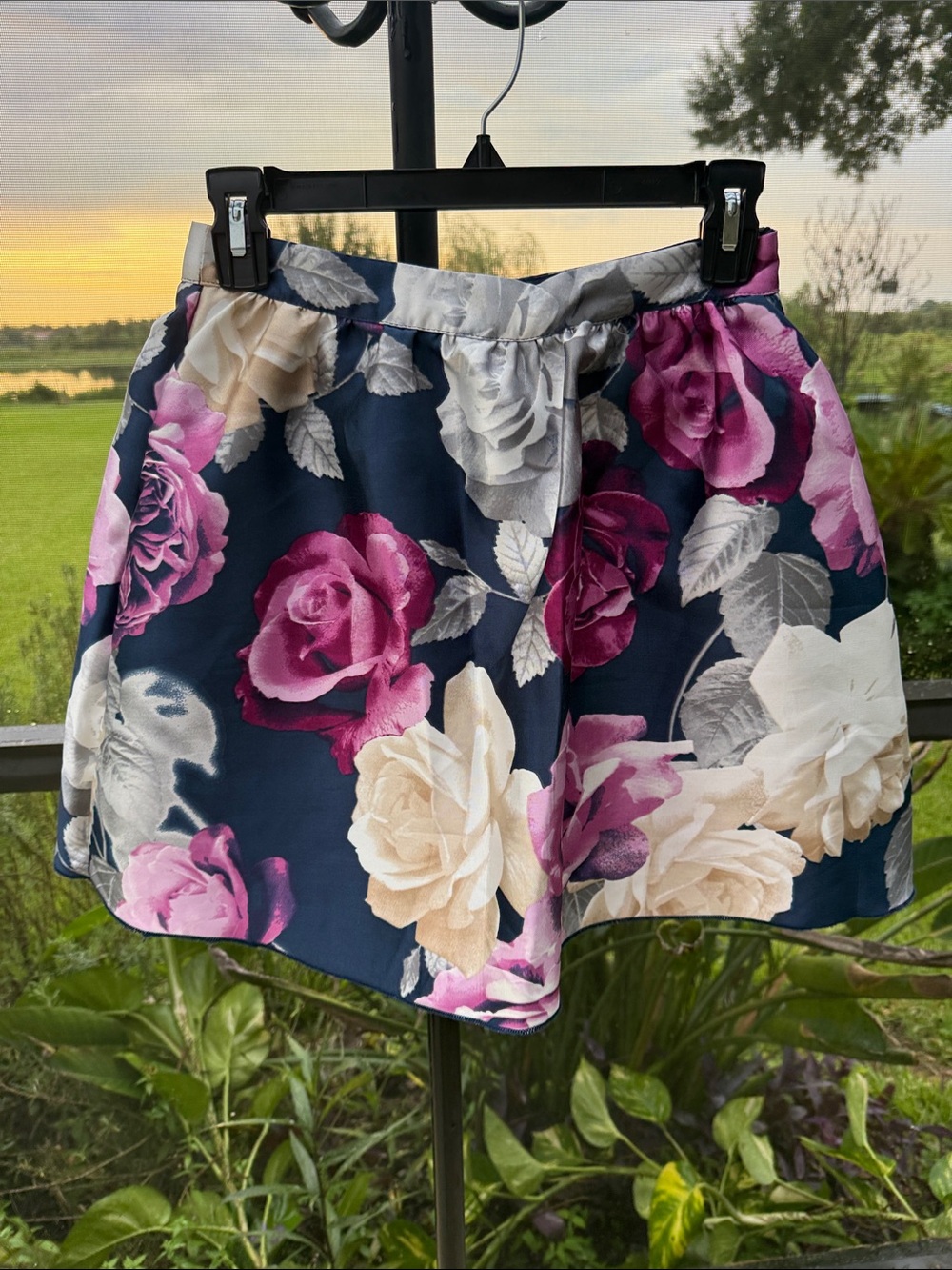 Speechless Navy Floral Mini Skirt with Pink & Cream Roses